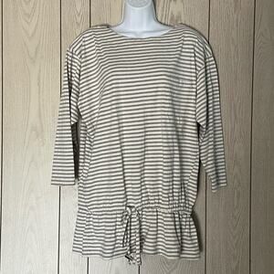 Vintage Oversized Tunic Sz M Drawstring Drop Waist Cream with Gray Stripes Retro